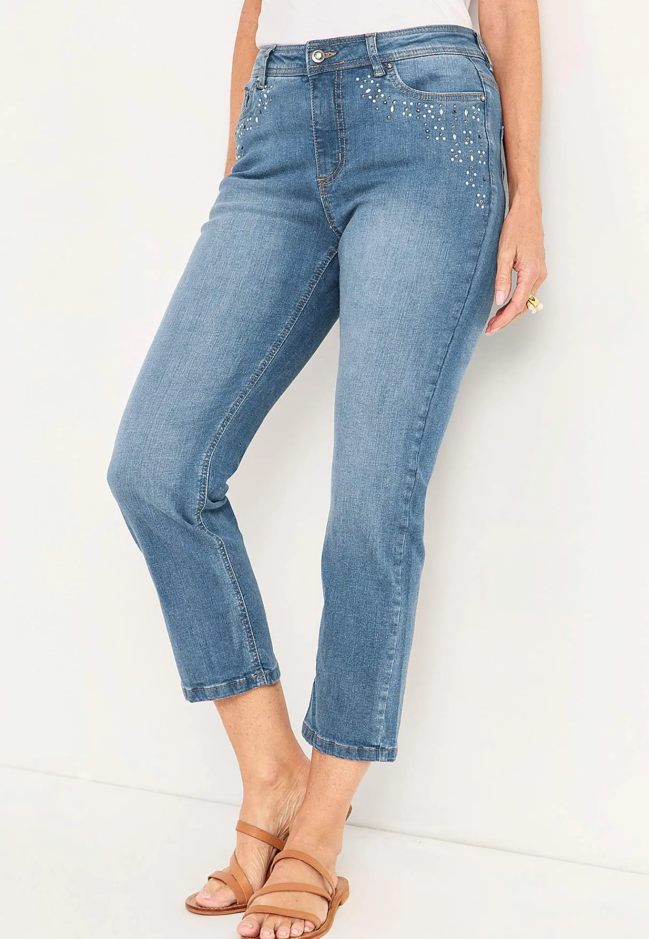 Straight Fit|Slim Fit-Cellbes of Sweden Ankeljeans med perler og rhinsten Mellemblå / Denim