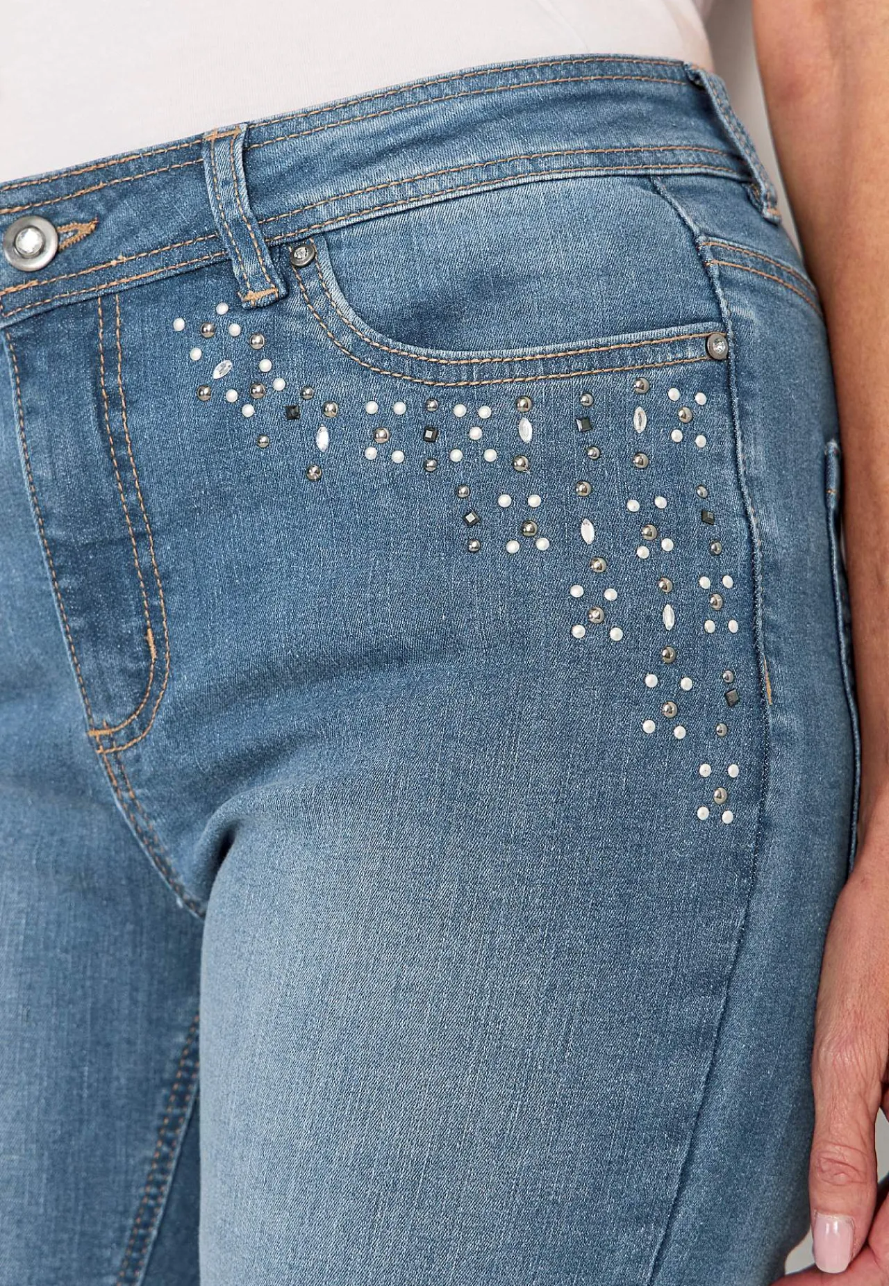 Straight Fit|Slim Fit-Cellbes of Sweden Ankeljeans med perler og rhinsten Mellemblå / Denim