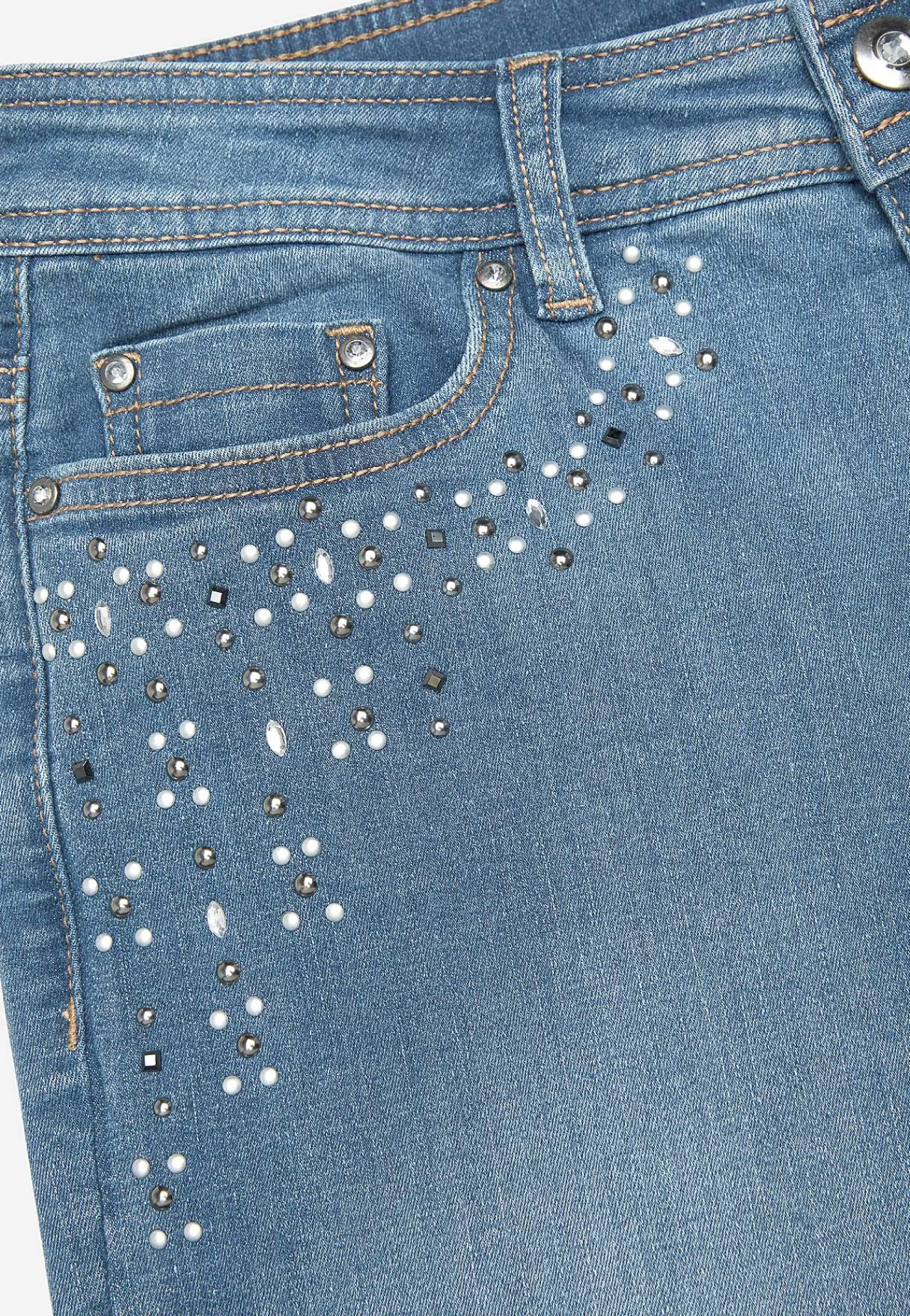 Straight Fit|Slim Fit-Cellbes of Sweden Ankeljeans med perler og rhinsten Mellemblå / Denim