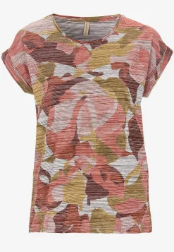 Toppe|T-Shirts-Soyaconcept Bladmønstret jerseytop Abrikos/Mønstret