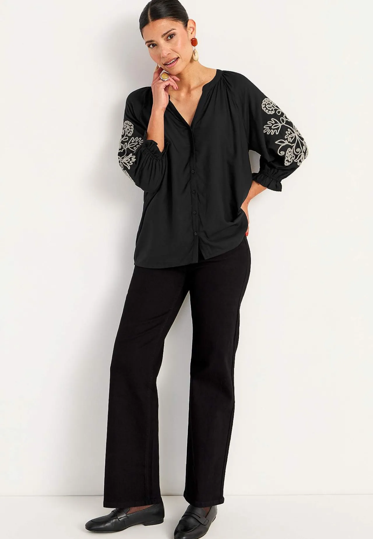 Bluser|Bluser Med Pufærmer-Cellbes of Sweden Bluse med broderi Sort / Beige