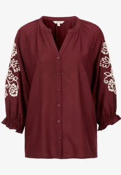 Bluser|Bluser Med Pufærmer- Bluse med broderi Vinrød/Lys beige