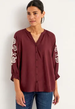 Bluser|Bluser Med Pufærmer- Bluse med broderi Vinrød/Lys beige