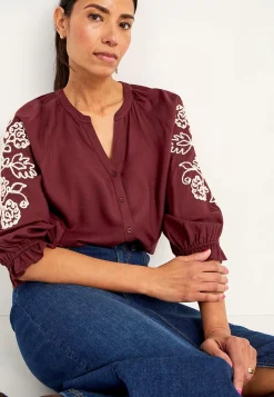 Bluser|Bluser Med Pufærmer- Bluse med broderi Vinrød/Lys beige