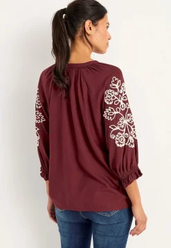 Bluser|Bluser Med Pufærmer- Bluse med broderi Vinrød/Lys beige