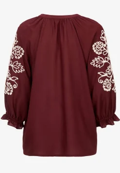 Bluser|Bluser Med Pufærmer- Bluse med broderi Vinrød/Lys beige