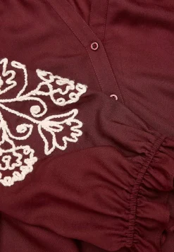 Bluser|Bluser Med Pufærmer- Bluse med broderi Vinrød/Lys beige