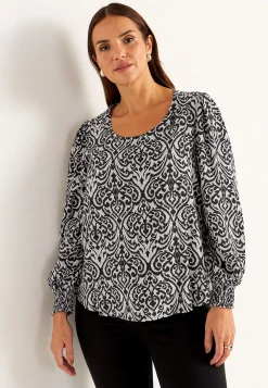 Mønstrede|Bluser-Cellbes of Sweden Bluse med smock ved manchetterne Beige / Sort / Mønstret