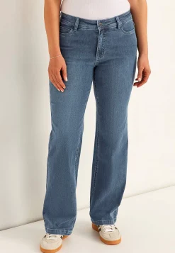 Vide Bukser|Lige Bukser- Brede jeans i denim med superstræk Sara Mellemblå Denim