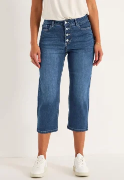 Forårsbukser|Capribukser- Crop jeans med knaplukning Mørkeblå / Denim