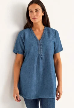 Denim|Denim-Toppe-Cellbes of Sweden Denimtunika med dekorativ v-hals Mellemblå Denim