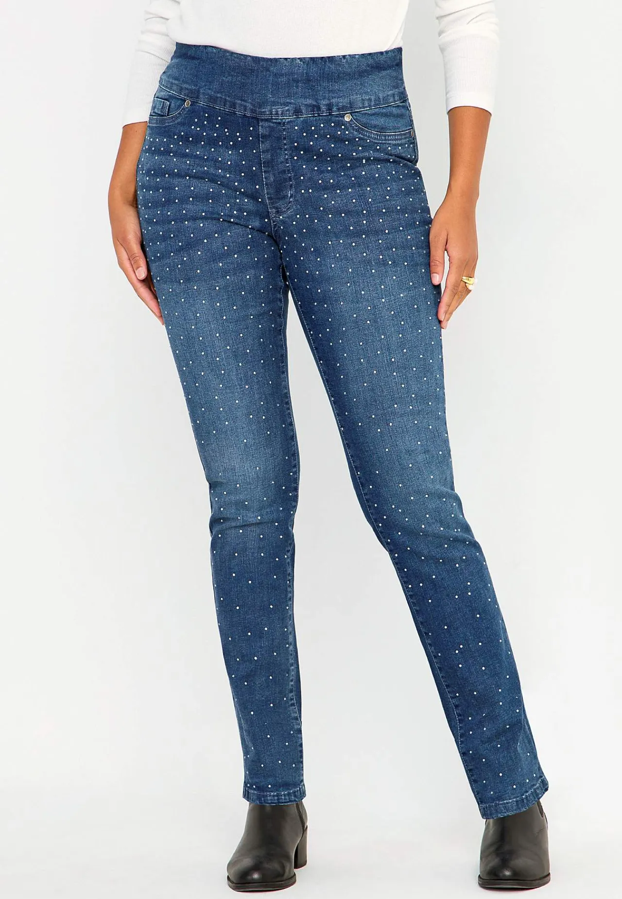 Høj Talje|Flere Længder- Elastisk jegging med rhinstensdetaljer Mellemblå / Denim