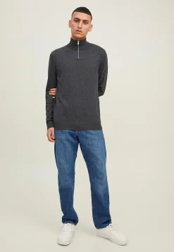 Striktrøjer-JACK & JONES Fintstrikket trøje med lynlås Mørk gråmeleret
