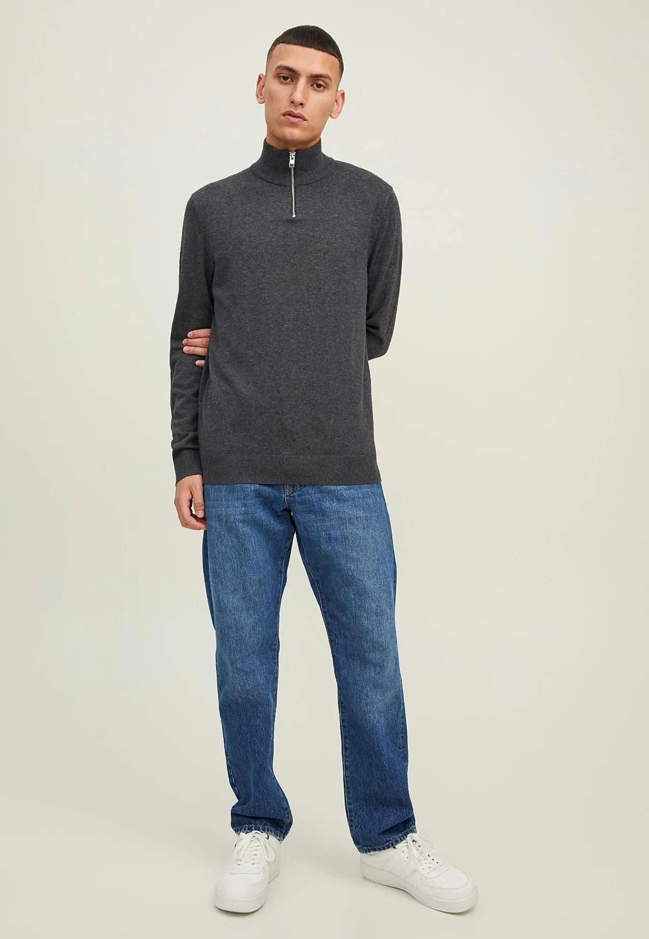 Striktrøjer-JACK & JONES Fintstrikket trøje med lynlås Mørk gråmeleret