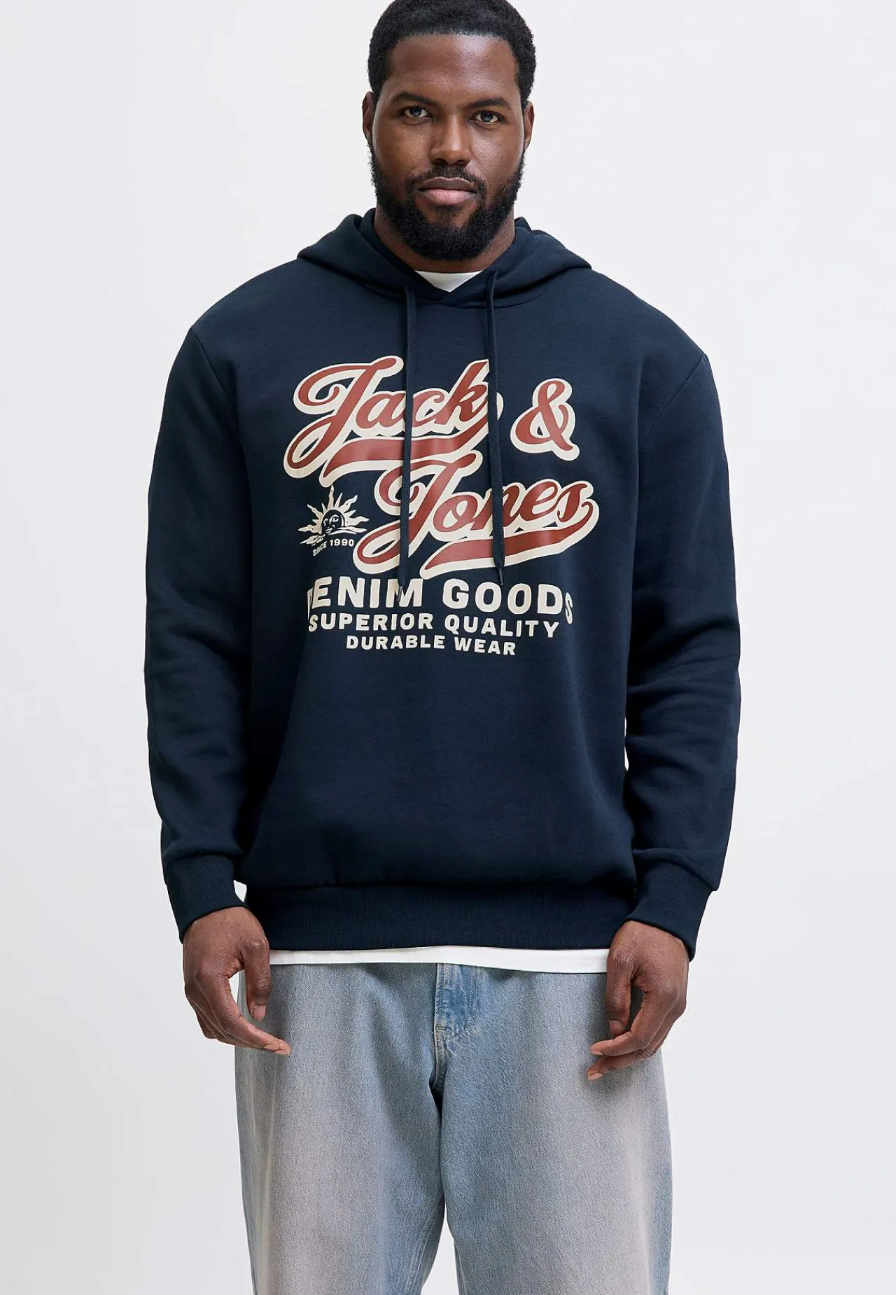 Trøjer|Hoodies-JACK & JONES PLUS Hættetrøje med tryk Marine