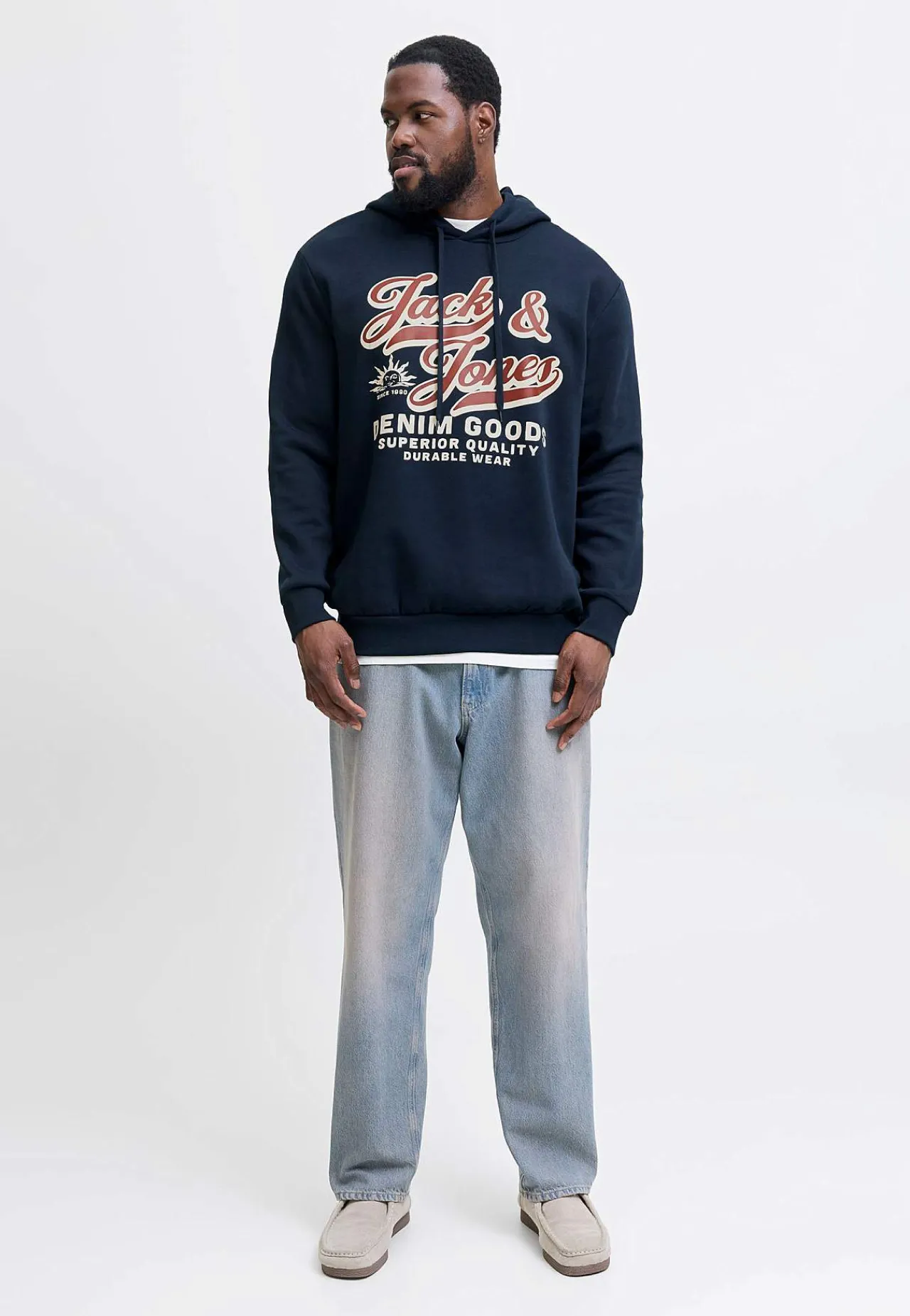 Trøjer|Hoodies-JACK & JONES PLUS Hættetrøje med tryk Marine