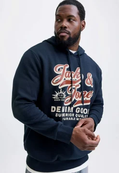 Trøjer|Hoodies-JACK & JONES PLUS Hættetrøje med tryk Marine
