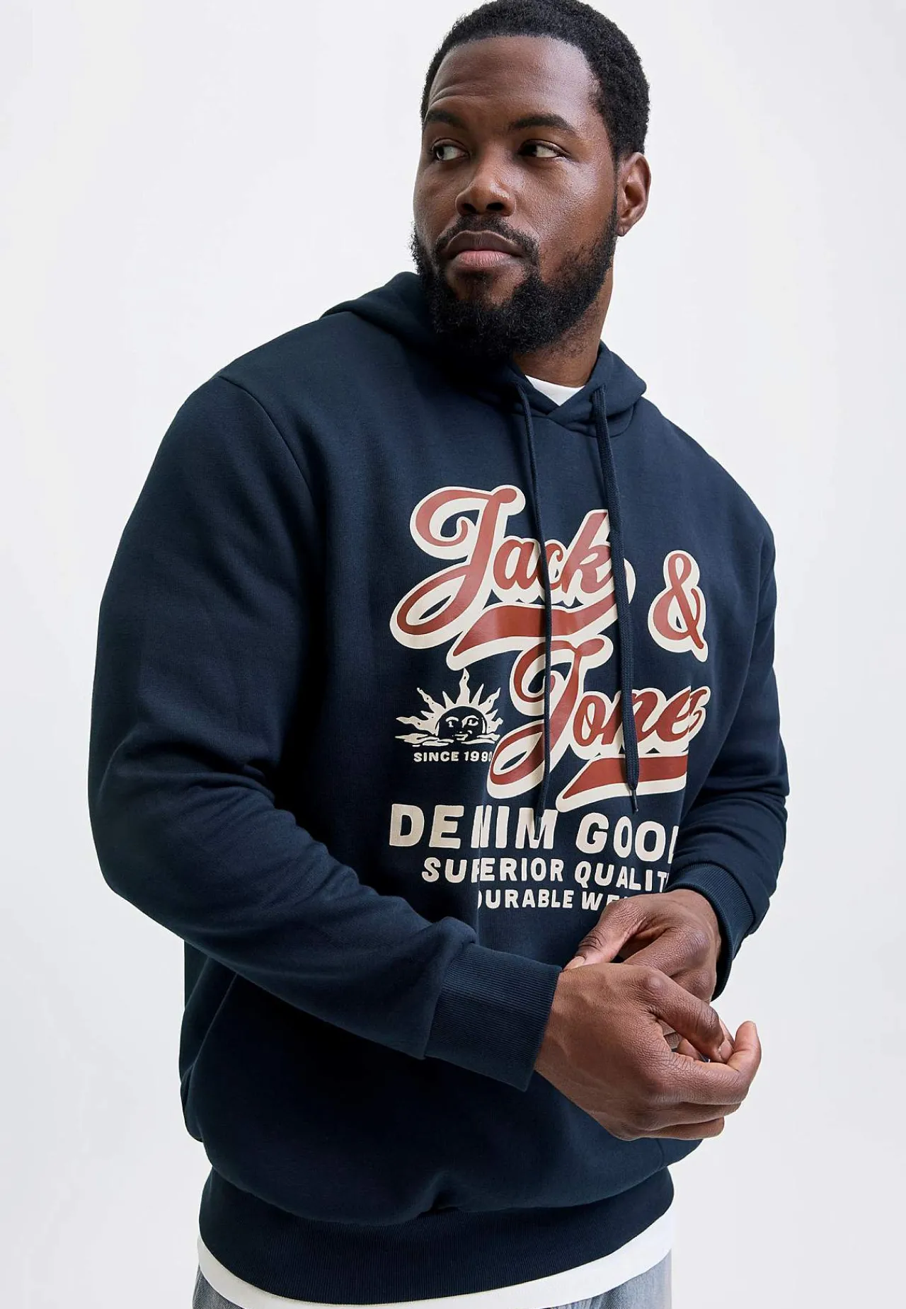 Trøjer|Hoodies-JACK & JONES PLUS Hættetrøje med tryk Marine