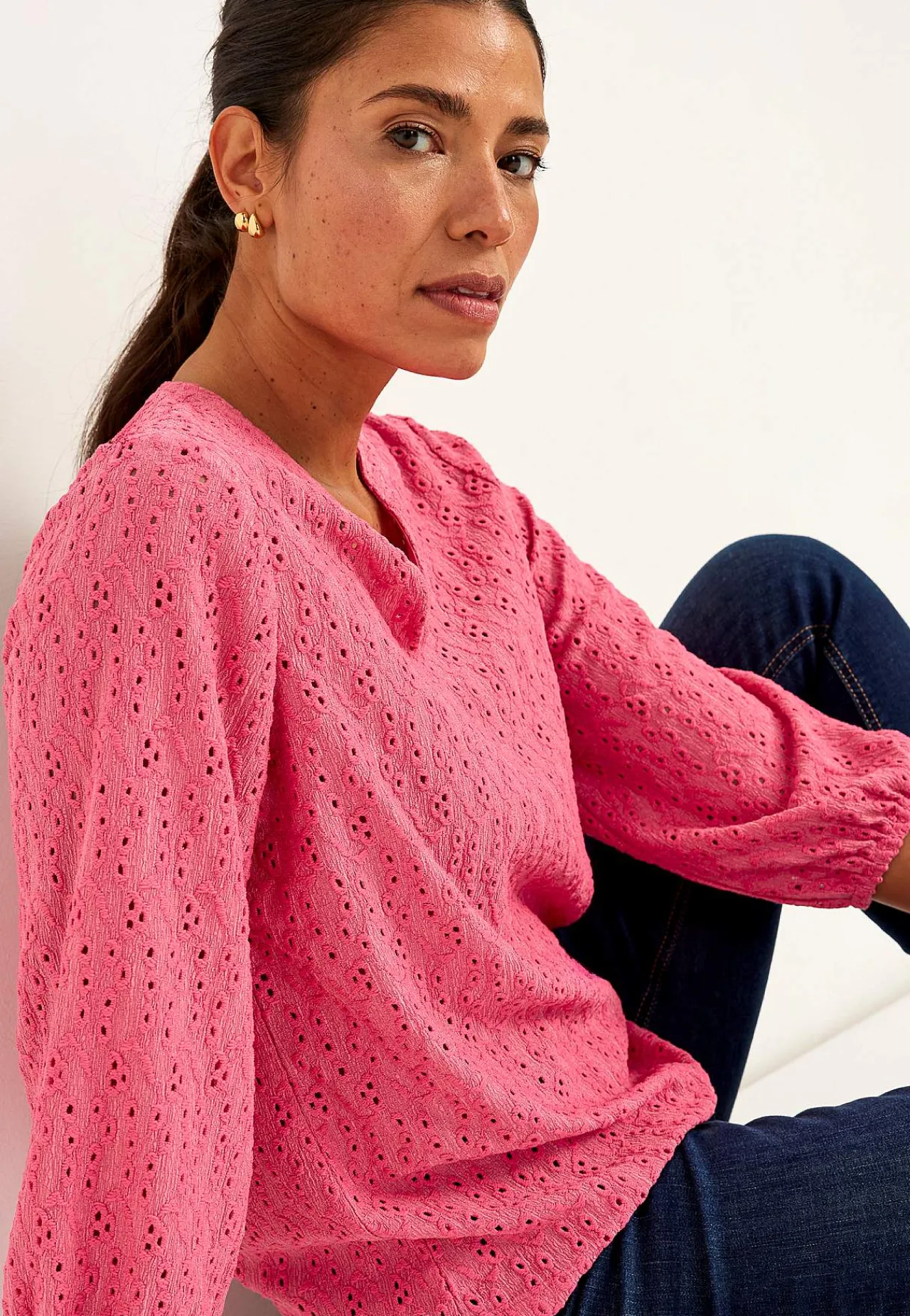 Toppe|Bluser-Cellbes of Sweden Jerseytop med broderet hulmønster Cerise