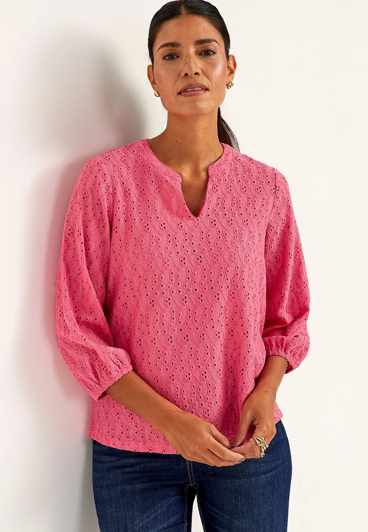 Toppe|Bluser-Cellbes of Sweden Jerseytop med broderet hulmønster Cerise