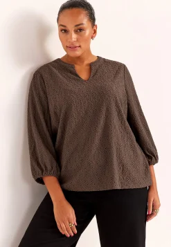 Toppe|Bluser-Cellbes of Sweden Jerseytop med broderet hulmønster Brun