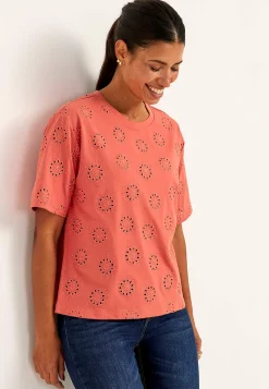Toppe|T-Shirts-Cellbes of Sweden Jerseytop med broderet hulmønster Terrakotta