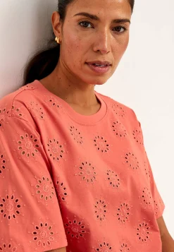 Toppe|T-Shirts-Cellbes of Sweden Jerseytop med broderet hulmønster Terrakotta
