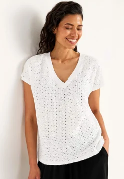 Toppe|T-Shirts- Jerseytop med hulbroderi Hvid