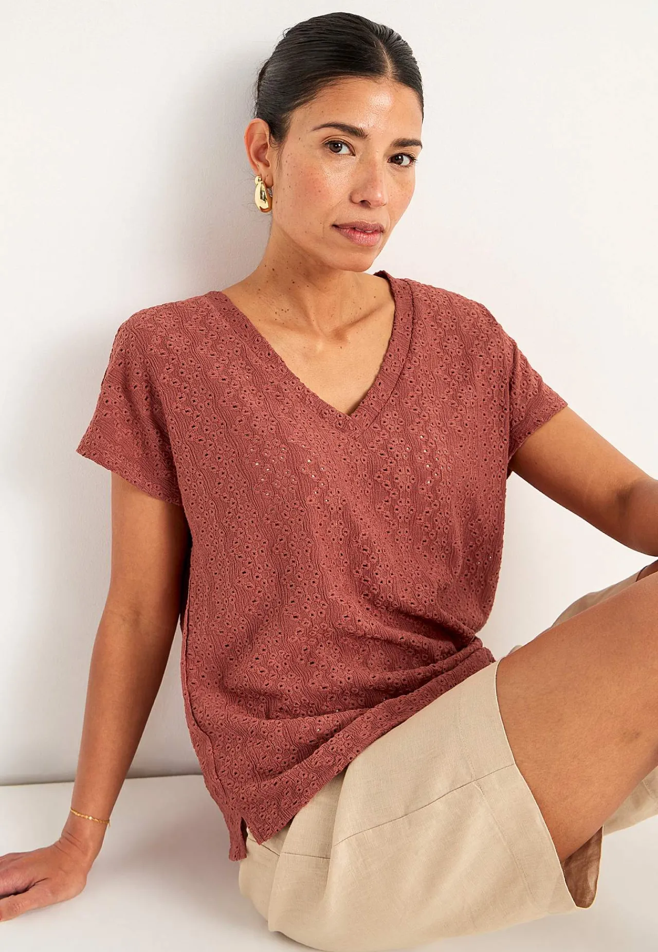 Toppe|T-Shirts-Cellbes of Sweden Jerseytop med hulbroderi Rust