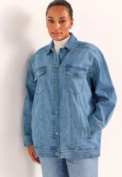 Forårsjakker|Denimjakker- Lang jeansjakke med stræk Mellemblå Denim