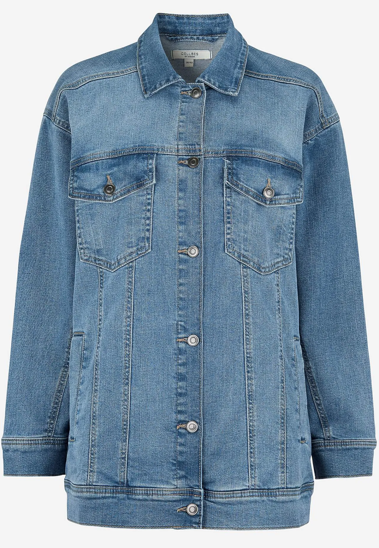 Forårsjakker|Denimjakker- Lang jeansjakke med stræk Mellemblå Denim