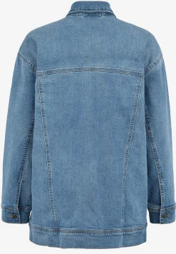 Forårsjakker|Denimjakker- Lang jeansjakke med stræk Mellemblå Denim