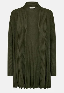 Cardiganer|Cardiganer-Freequent Lang, ribbet cardigan Mørkegrøn / Meleret