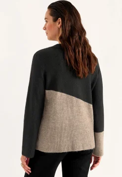 Trøjer|Striktrøjer- Strikket trøje med afrundet krave Sort / Beige