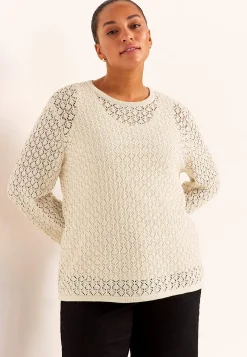 Trøjer|Striktrøjer- Strikket trøje med hulmønster Lys beige