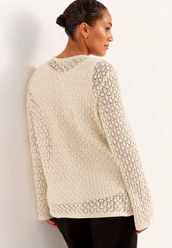 Trøjer|Striktrøjer- Strikket trøje med hulmønster Lys beige
