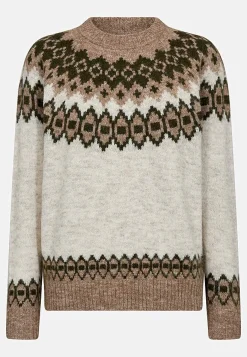 Trøjer|Striktrøjer- Strikket trøje med jacquardmønster Beige melange/mønstret
