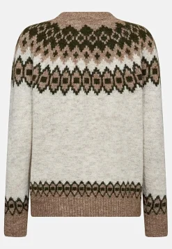 Trøjer|Striktrøjer- Strikket trøje med jacquardmønster Beige melange/mønstret