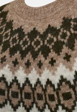 Trøjer|Striktrøjer- Strikket trøje med jacquardmønster Beige melange/mønstret