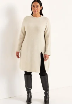 Strikkede|Tunika- Strikket tunika med slids Lys beige melange