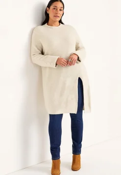 Strikkede|Tunika- Strikket tunika med slids Lys beige melange