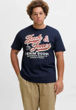 T-Shirts-JACK & JONES PLUS T-shirt med stort tryk ved fronten Marine