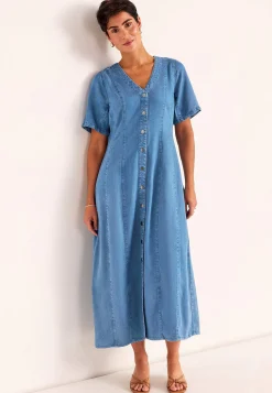 Maxikjoler|Denimkjoler-Cellbes of Sweden Ultrablød Premium cowboykjole med knapper Mellemblå Denim