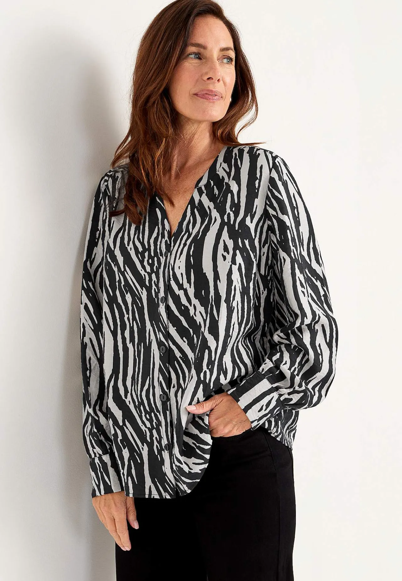 Mønstrede|Bluser-Cellbes of Sweden Vævet bluse med knapper Sort / Beige / Mønstret
