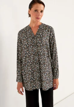 Mønstrede- Vævet tunika med knapper Sort/nougat/blomstret
